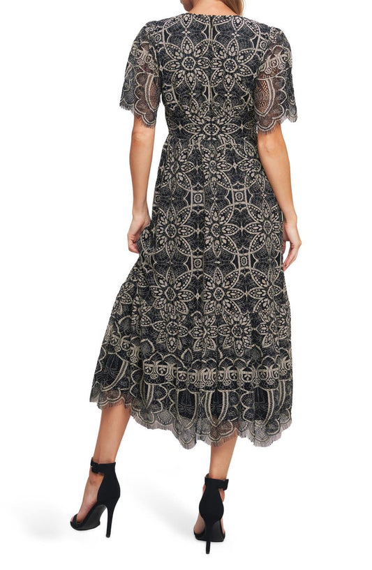 FLYING TOMATO Two-Tone Lace Short Sleeve Midi Dress