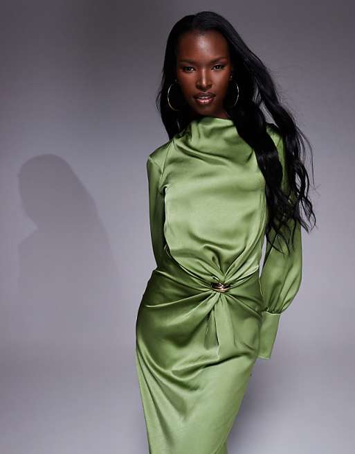 ASOS DESIGN twist front bias satin maxi dress with gold hardware in olive green