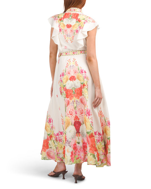 DALIA MACPHEE Ruffle Sleeve Floral Maxi Dress With Belt
