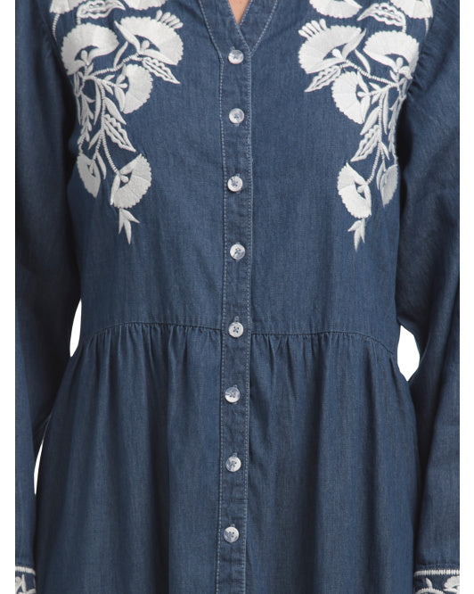 SOLITAIRE Long Sleeve Floral Embroidered Denim Dress