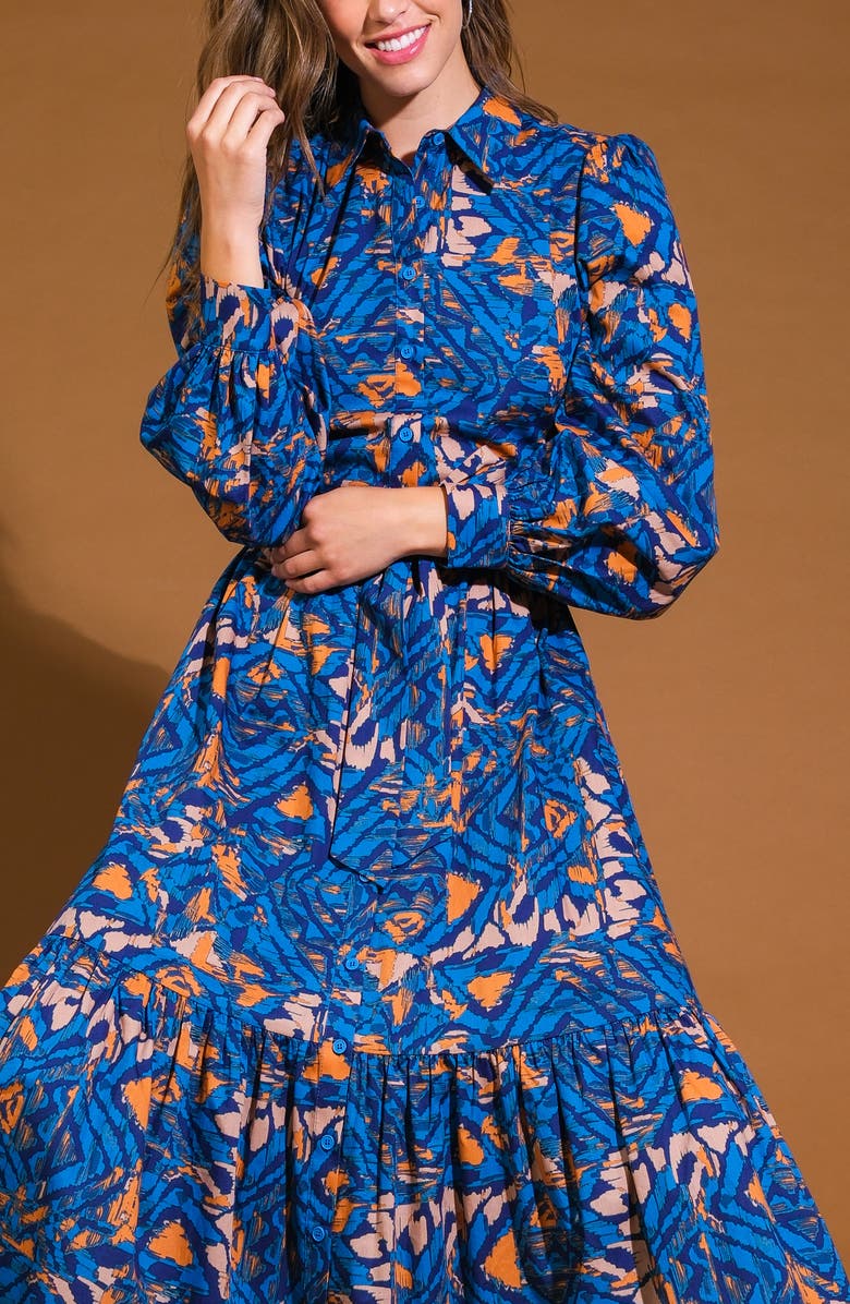 FLYING TOMATO Print Long Sleeve Cotton Midi Shirtdress