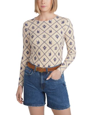 Point Embroidered Bird Print Top