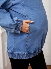 LocalSHEIN Maternity Loose Dolman Sleeve Zip Up Denim Jacket For Spring Autumn