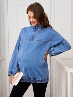 LocalSHEIN Maternity Loose Dolman Sleeve Zip Up Denim Jacket For Spring Autumn