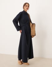 Threadbare long sleeve midi dress with poplin skirt in khaki