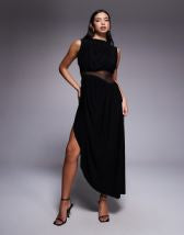 Threadbare long sleeve midi dress with poplin skirt in khaki