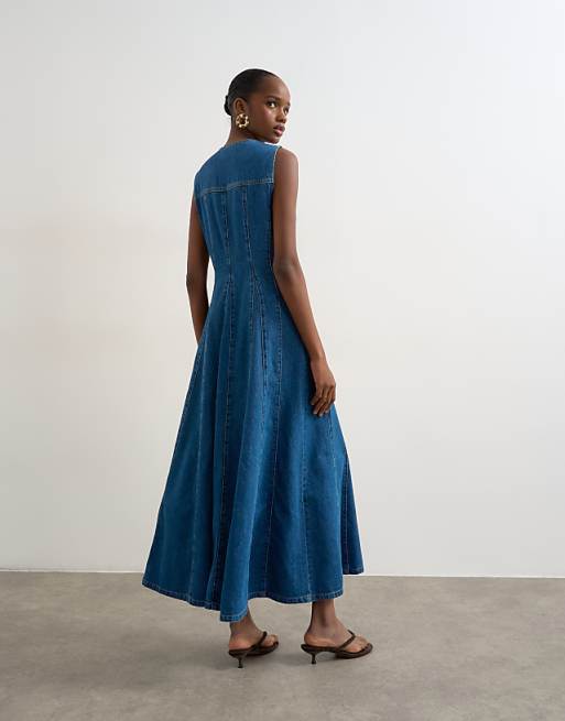 Topshop denim godet seamed midaxi dress in rich blue