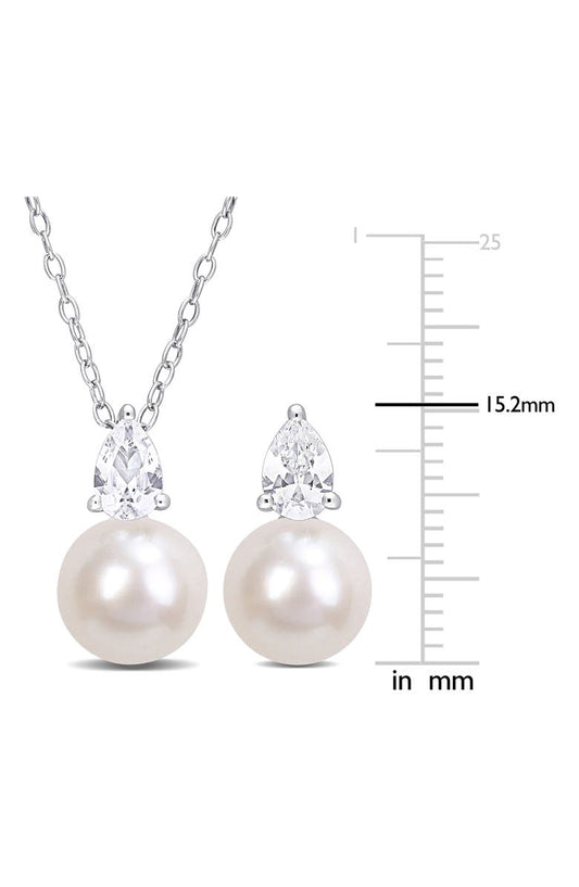 DELMAR Cultured Freshwater Pearl & Lab Created Sapphire Necklace & Stud Earrings Set