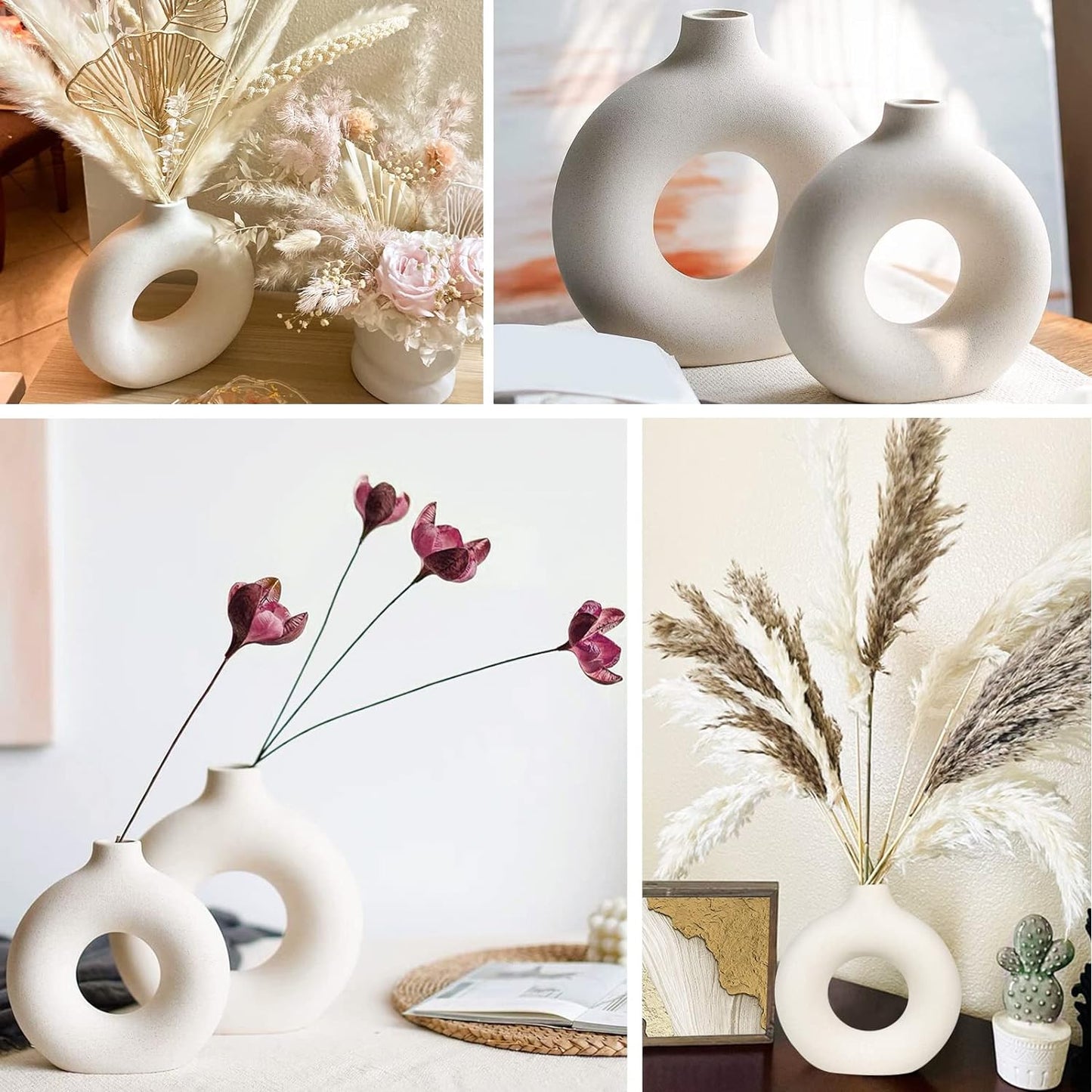 Walmart Puseky Nordic Style Ceramic Vase Set of 2, White Ceramic Vase for Home Decor, Modern Farmhouse Donut Shape Flower Vase for Bookshelf