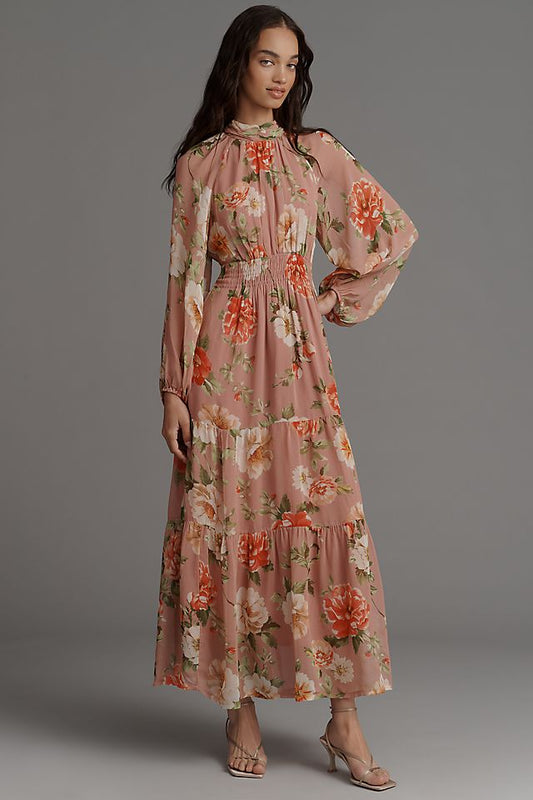 Anthropologie The Somerset Long-Sleeve Mock-Neck Chiffon Maxi Dress