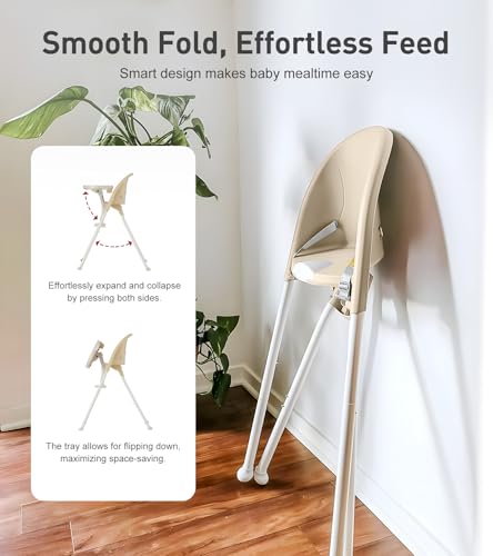 Amazon Mallify Foldable High Chair, Space-Saving Portable Baby High Chair with Removable Double Tray, Modern Convertible Baby Feeding Chair, Lightweight, Easy to Clean, Beige
