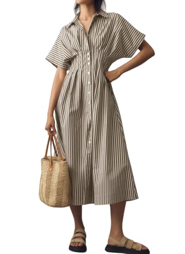 Amazon chouyatou Women's Contrast Color Striped Shirt Dress Pleated Button Down Maxi Long Tunic Dress