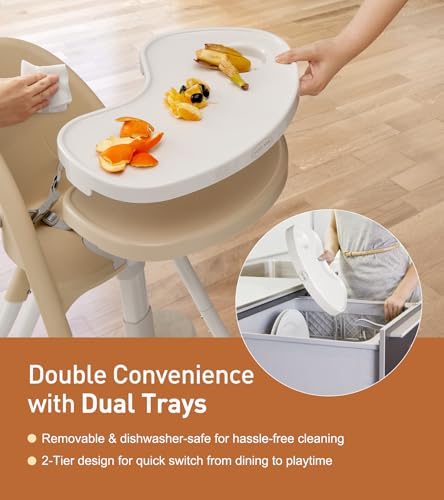 Amazon Mallify Foldable High Chair, Space-Saving Portable Baby High Chair with Removable Double Tray, Modern Convertible Baby Feeding Chair, Lightweight, Easy to Clean, Beige