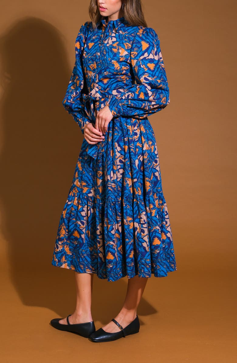 FLYING TOMATO Print Long Sleeve Cotton Midi Shirtdress