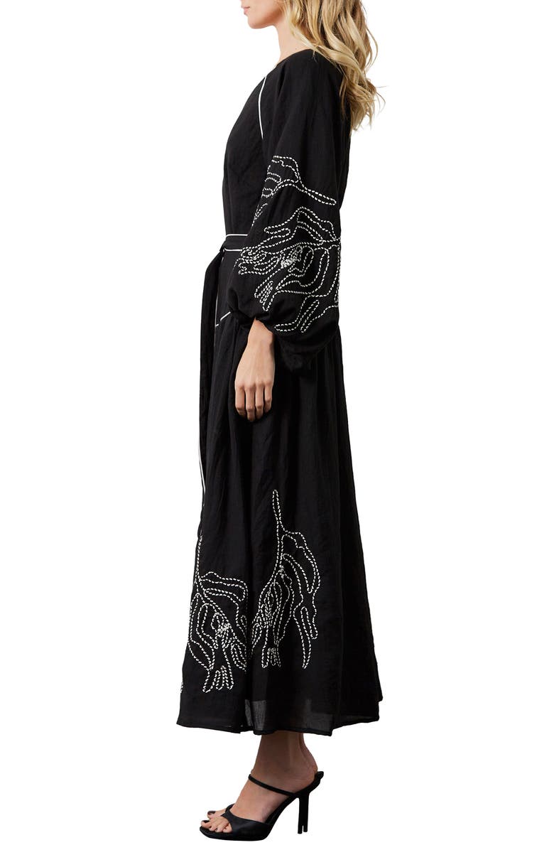 CIEBON Faye Embroidered Tie Waist Long Sleeve Maxi Dress