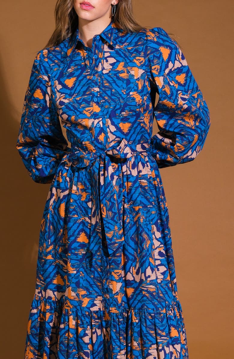 FLYING TOMATO Print Long Sleeve Cotton Midi Shirtdress