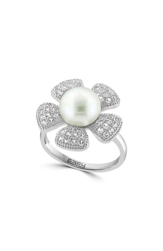 EFFY Cultured Pearl White Topaz Flower Ring
