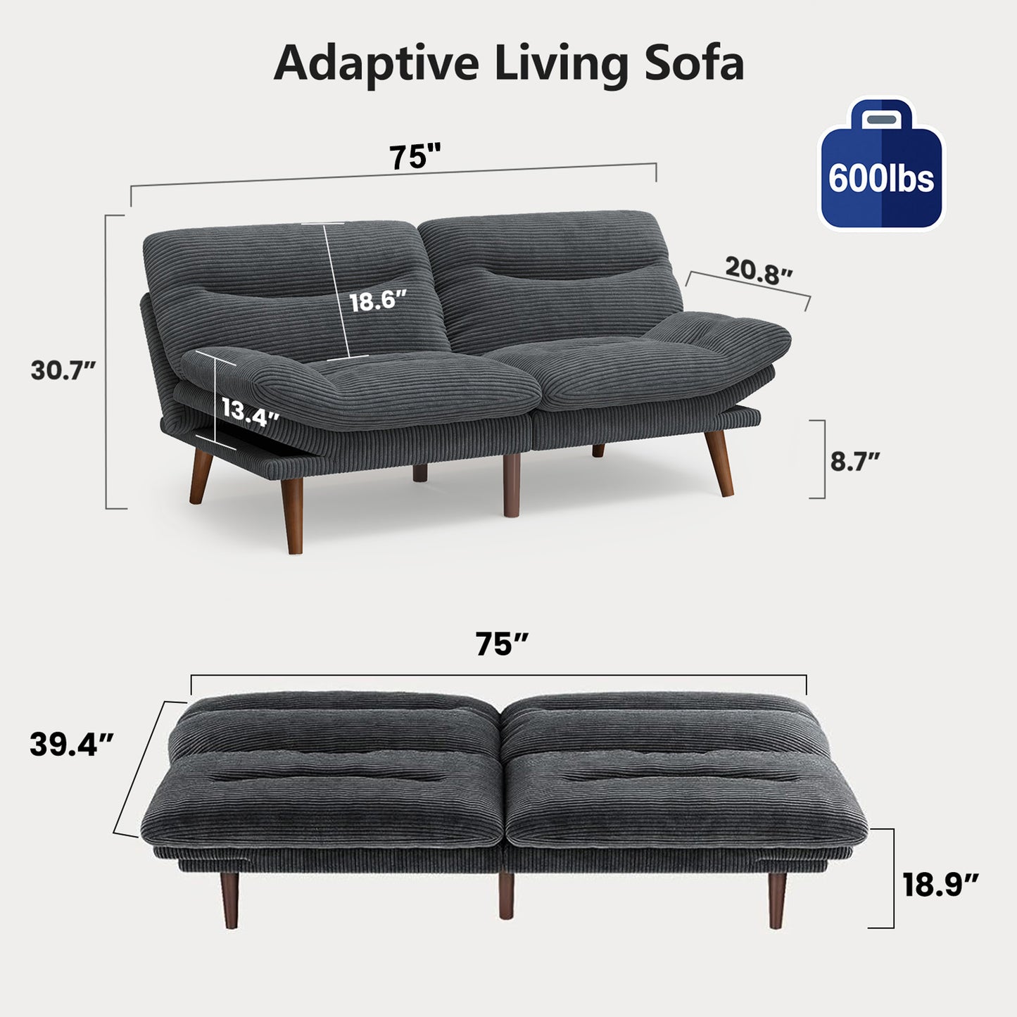 Walmart CHITOOMA 75" Corduroy Futon Sofa Bed, Gray Convertible Couch with Adjustable Backrest and 6-Level Armrests, Comfy Sleeper Sofa for Living Room, Apartment, or Office