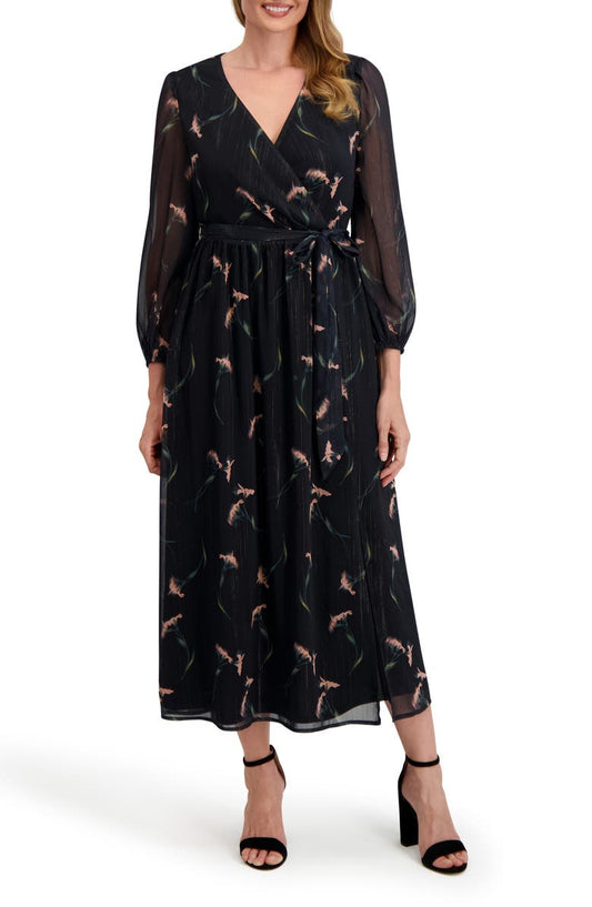 Laundry by Shelli Segal Maya Floral Long Sleeve Faux Wrap Chiffon Dress
