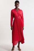 Jersey And Georgette Mix Belted Pleat Midi Dress