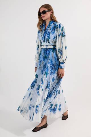 Jersey And Georgette Mix Belted Pleat Midi Dress