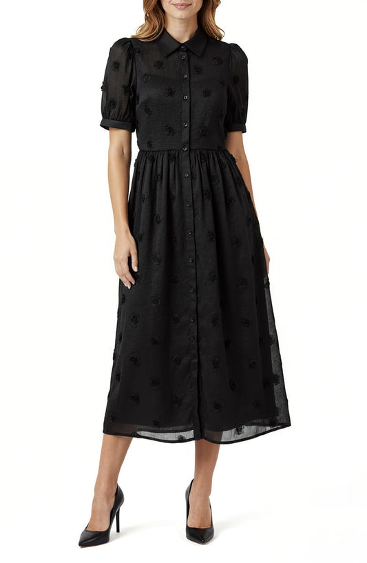 Mila Mae 3D Flower Puff Sleeve Midi Shirtdress