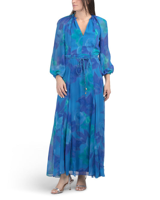 TAYLOR Long Sleeve V-neck Ruffle Collar Maxi Dress