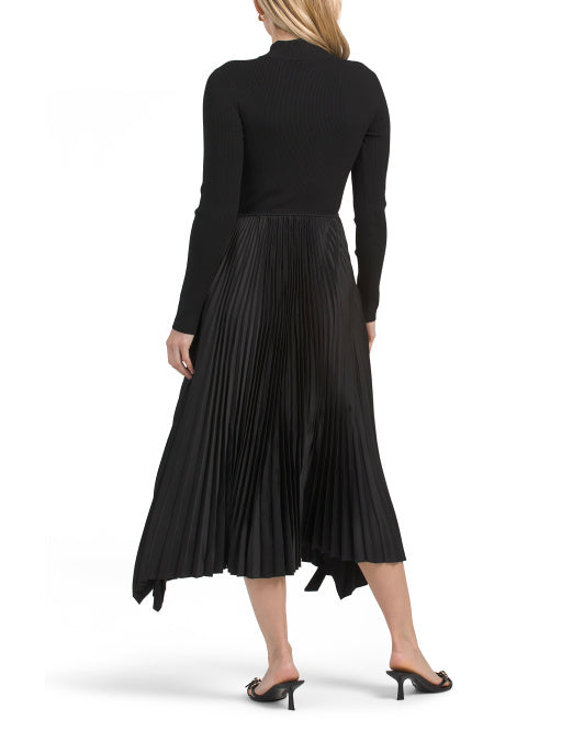 ELIE TAHARI Long Sleeve Mock Neck Midi Mixed Media Dress