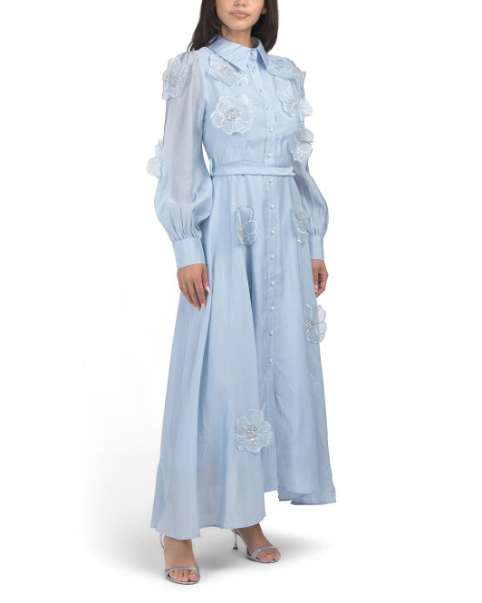 DALIA MACPHEE Long Sleeve Floral Applique Maxi Dress