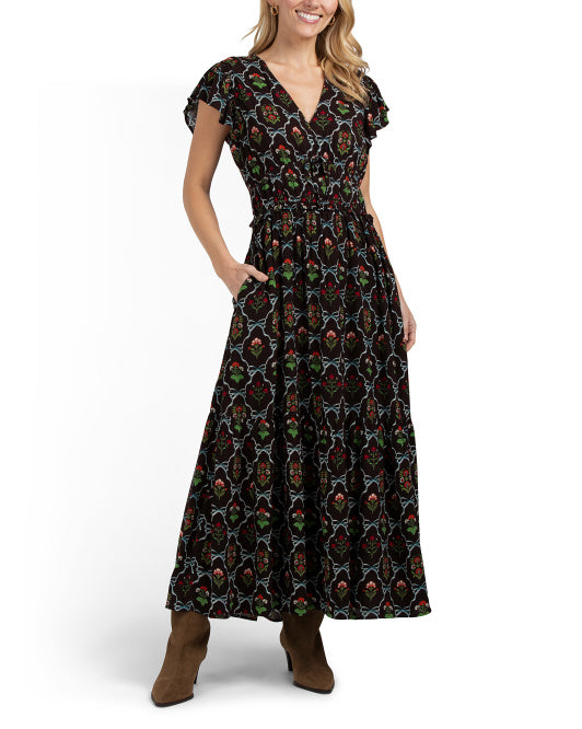 LEA Flutter Sleeve Floral Print Maxi Dress