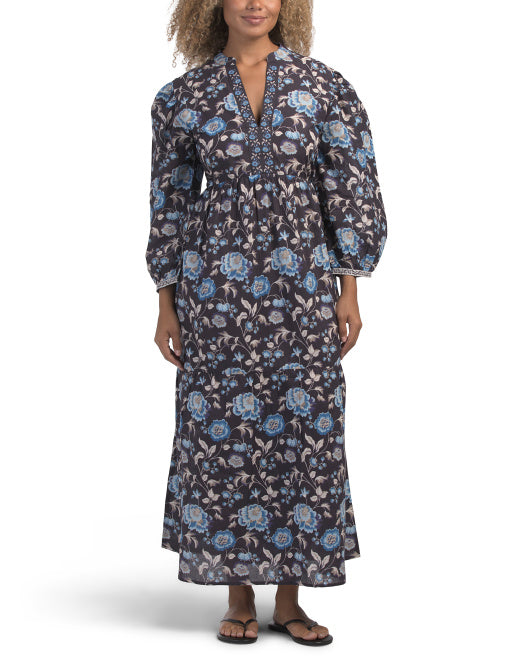 BINDU Block Print Floral Dress With Puff Sleeves