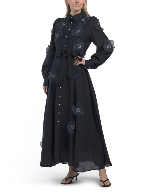 DALIA MACPHEE Long Sleeve Floral Applique Maxi Dress
