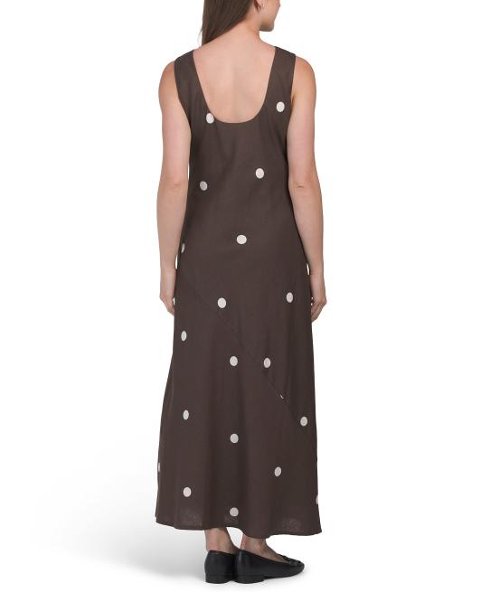 MAGASCHONI Linen Blend Boat Neck Maxi Dot Dress With Scoop Back