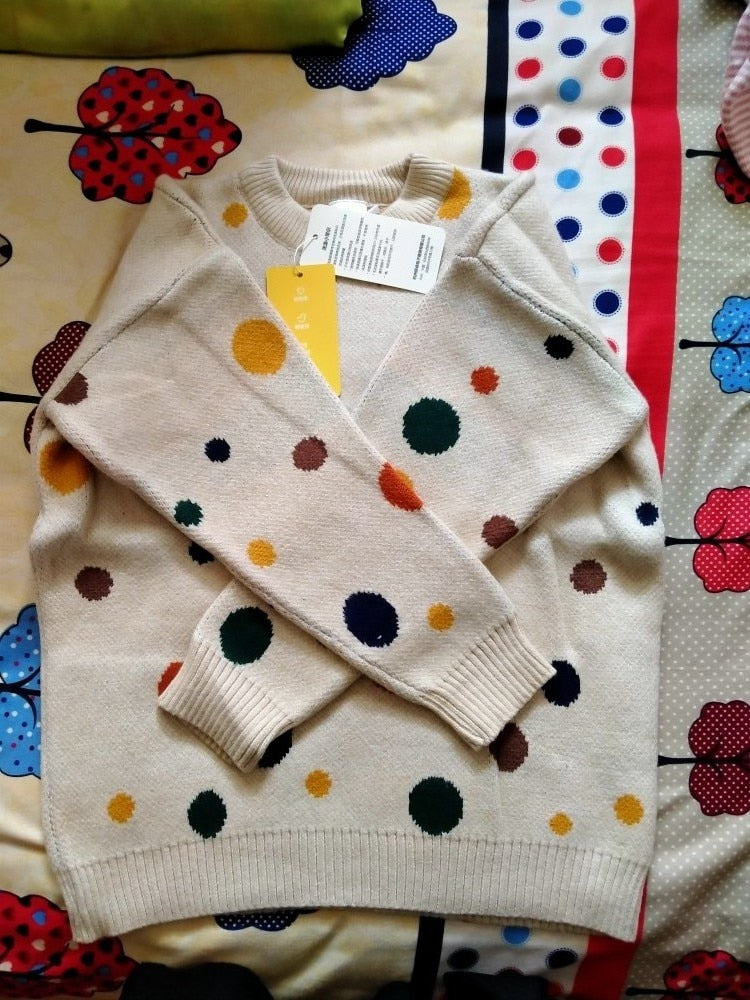 2022 Autumn Spring 2 3 4 6-10 Years Kids Children'S Clothing O-Neck Colorful Dot  Knitted Pullover Winter Sweater For Baby Girls
