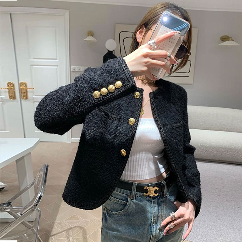New High Quality Women Fashion Jackets Black Tweed Two Pockets Golden Buttons Elegant Coats Spring Autumn Women Clothes