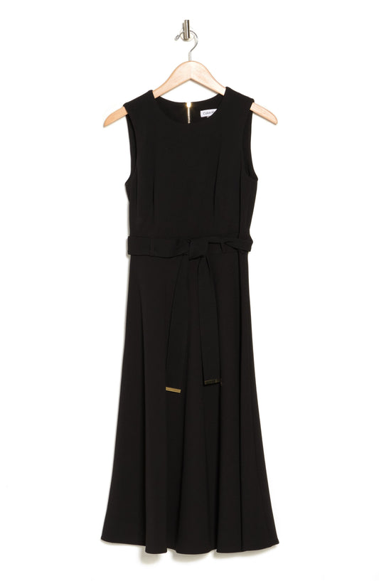 CALVIN KLEIN Belted Midi Dress, Alternate, color, BLACK
